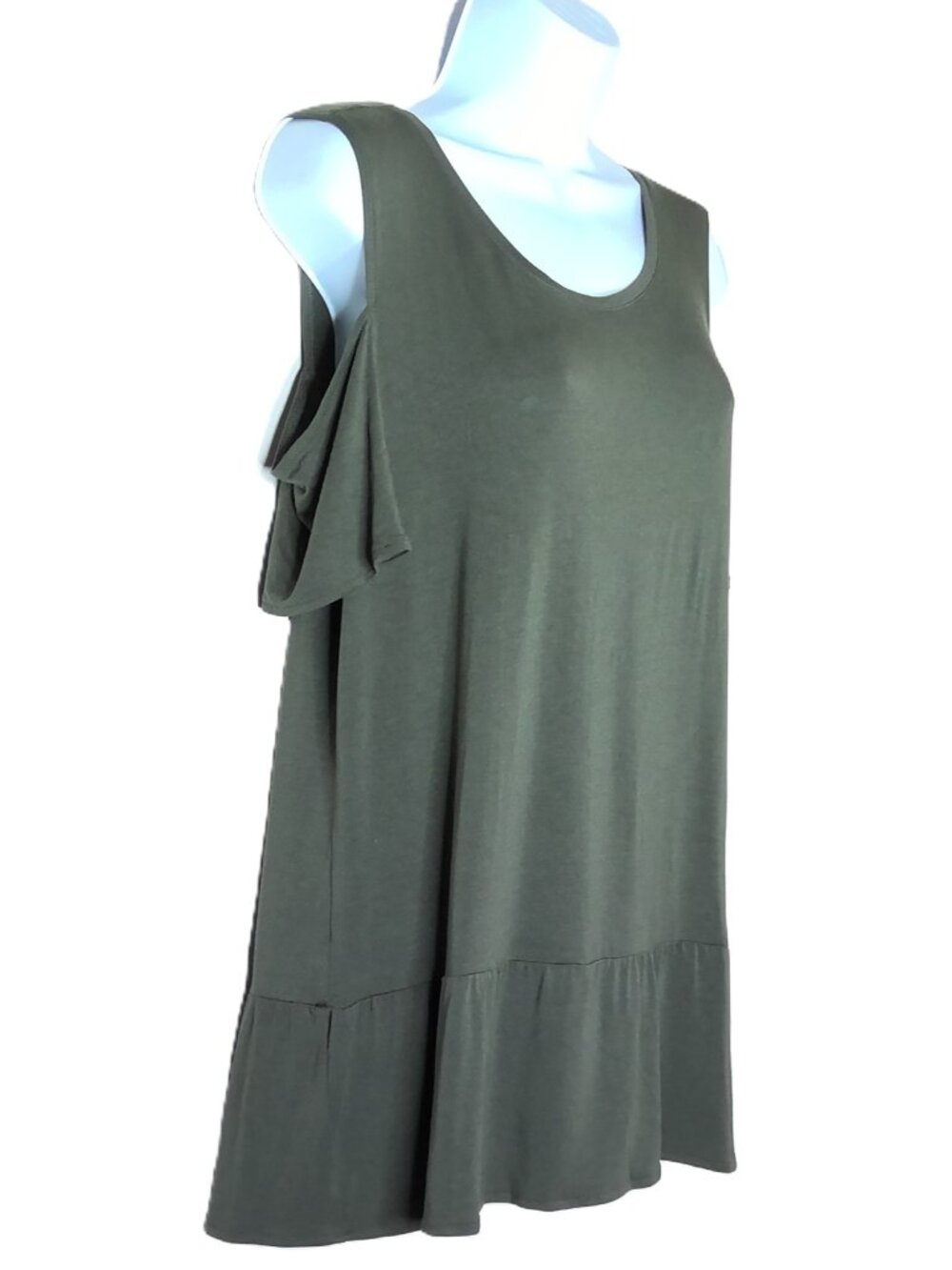 Lysse Babydoll Top Cold Shoulder Olive Green Short Sleeve Stretch Flowy Ruffle M